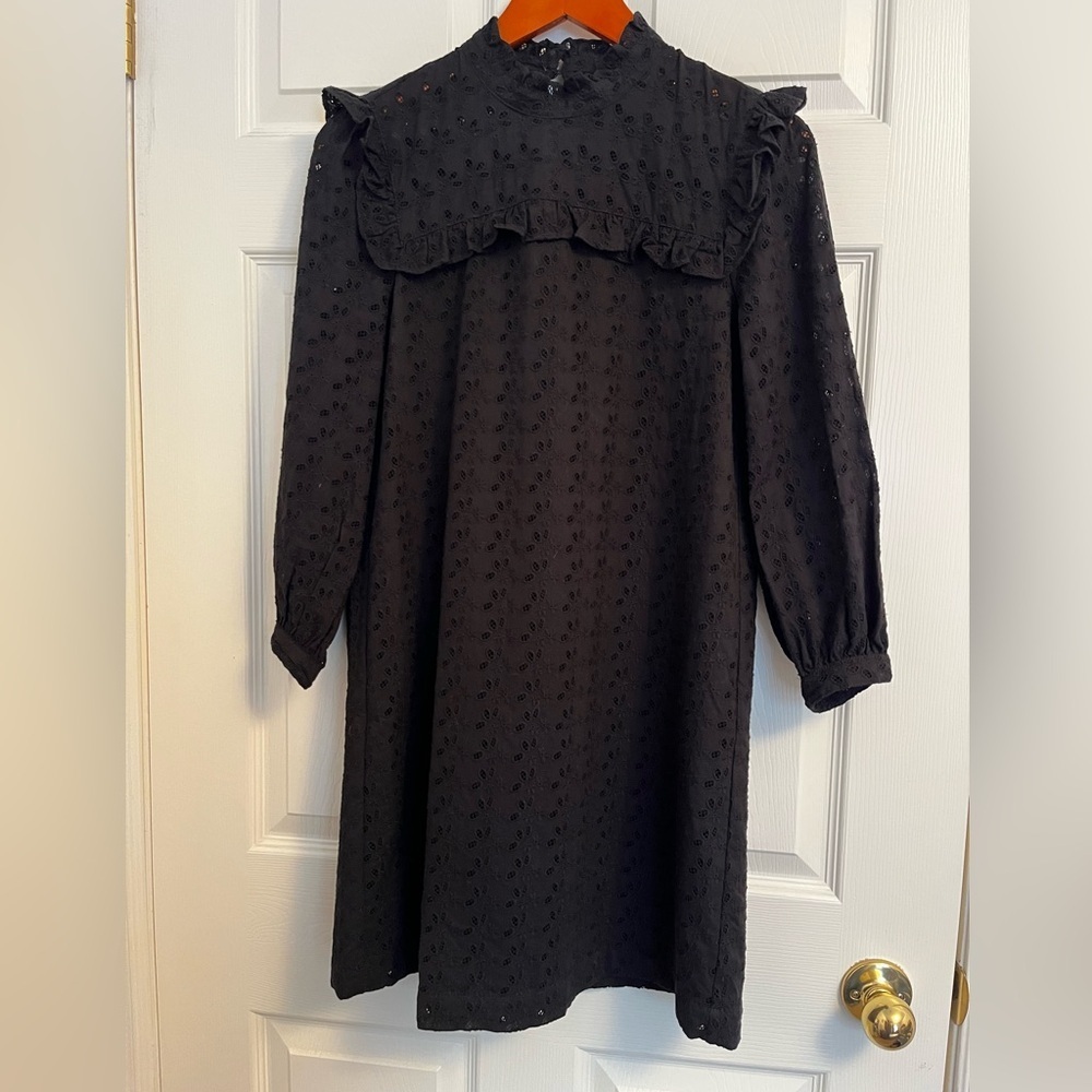 Madewell Eyelet Mockneck Mini Black Dress Ruffle trim Size Xsmall